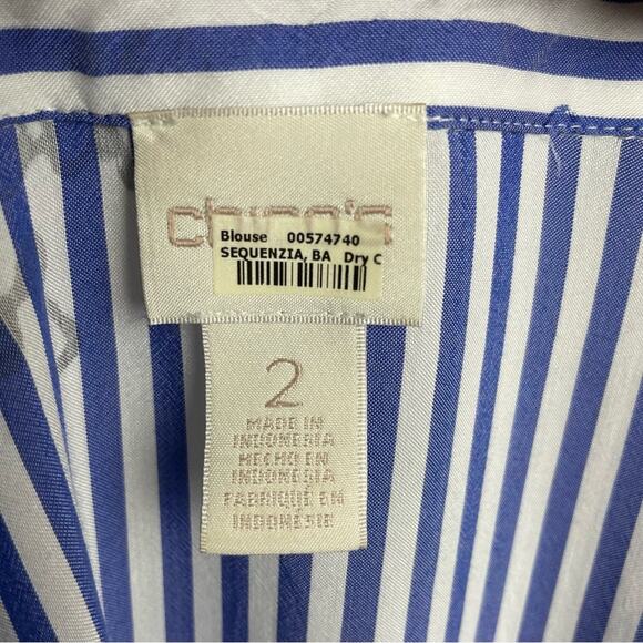 Chico's Blue White Stripe Graphic Long Sleeve Button Top 2 - Picture 6 of 7